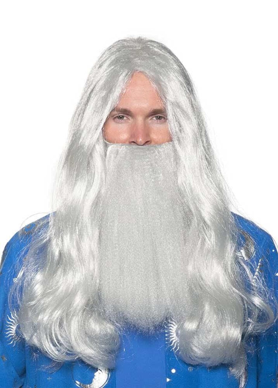 Long Grey Wizard Wig and Beard Synthetic set Halloween Costume